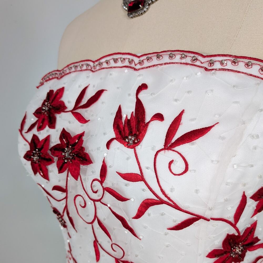 Vintage Cache Prom Dress Maxi Gown 10 White Red Floral Y2K Wedding Bride Glam - Picture 7 of 16